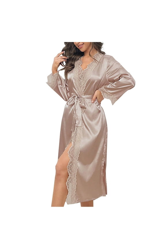 Robes for Women,Silk Robes for Women,Fashion Women Solid Color Imitation Silk Lace Up Cardigan Long Nightgown Bathing Robe