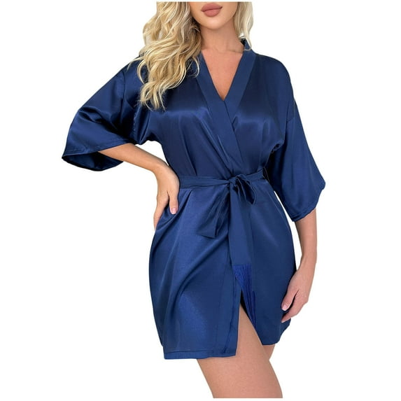 QNANSPI Robes for Women,Silk Robes for Women,Fashion Women Solid Color Imitation Silk Tassels Lace Up Cardigan Eobe Bath Wear