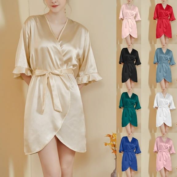 QNANSPI Robes for Women,Silk Robes for Women,Ladies' Leaf Sleeves Cool Feeling Short Style with Belt Home Wear Nightgown