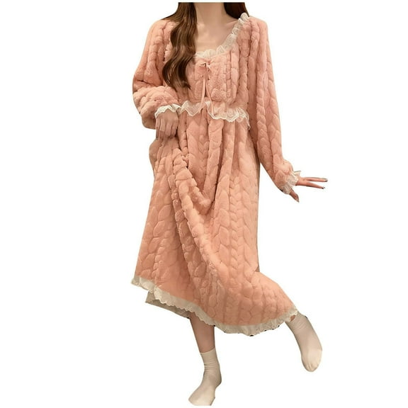 QNANSPI Robes for Women, Soft Women's Bathrobe, Women's Fashion Solid Color Lace Thick Warm Flannel Bathrobe Long Sleeve Loungewear Sleep Robe