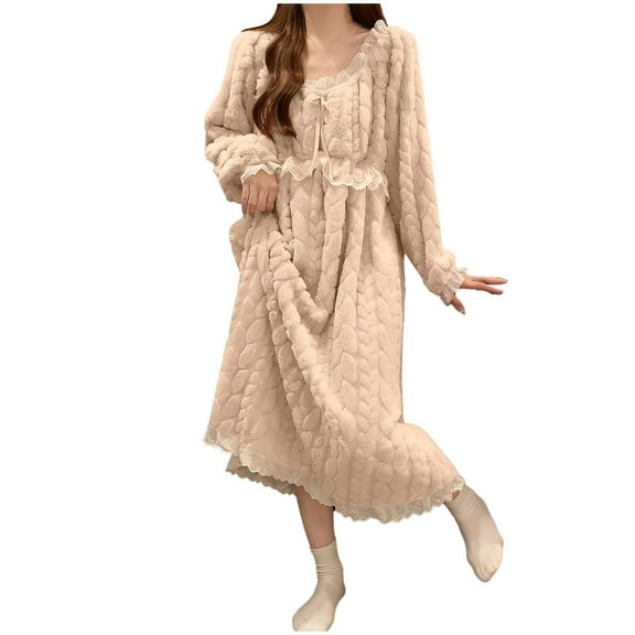 QNANSPI Robes for Women, Soft Women's Bathrobe, Women's Fashion Solid Color Lace Thick Warm Flannel Bathrobe Long Sleeve Loungewear Sleep Robe