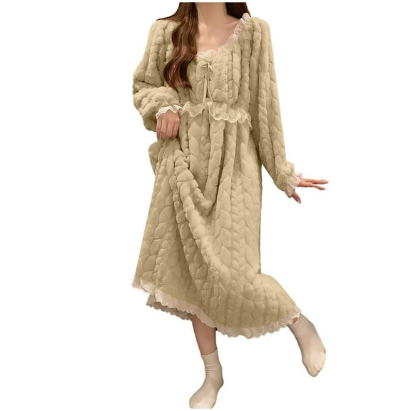 QNANSPI Robes for Women, Soft Women's Bathrobe, Women's Fashion Solid Color Lace Thick Warm Flannel Bathrobe Long Sleeve Loungewear Sleep Robe