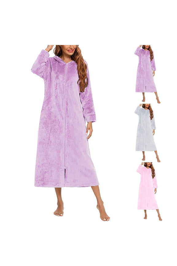 Robes for Women,Women's Zip Up Robe,Women's Solid Color Long Sleeved and Winter Flannel Nightgown Cardigan Hooded Zipper Nightgown