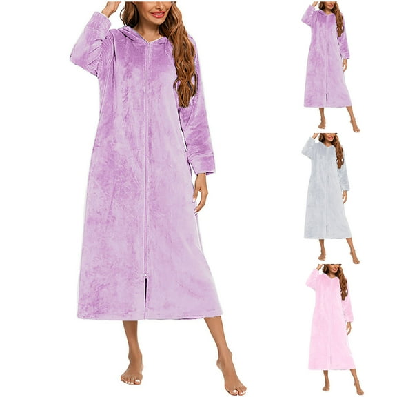 QNANSPI Robes for Women,Women's Zip Up Robe,Women's Solid Color Long Sleeved and Winter Flannel Nightgown Cardigan Hooded Zipper Nightgown