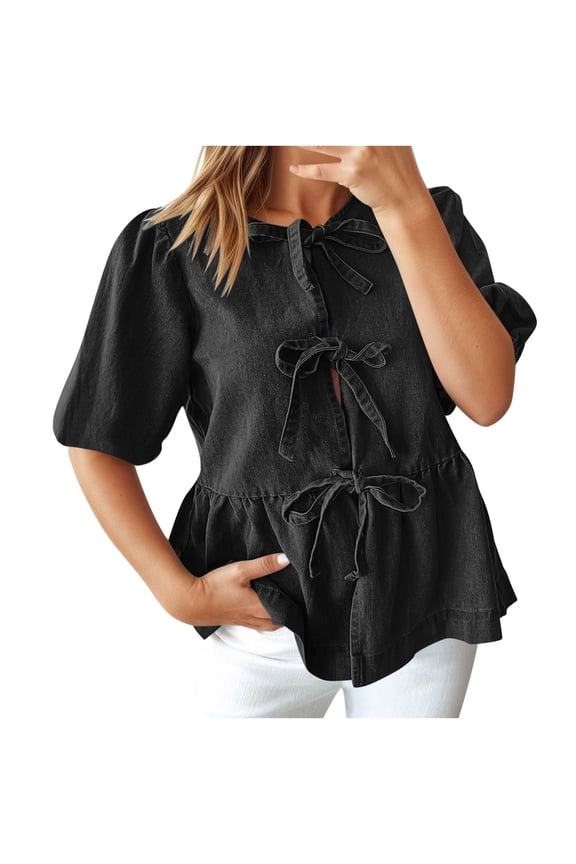 Short Sleeve Shirts for Women, Womens Casual Blouses, Women's Solid Color Mid Sleeve Denim Blouse Wrap Front Detail Casual Versatile Daily Crew Neck Top
