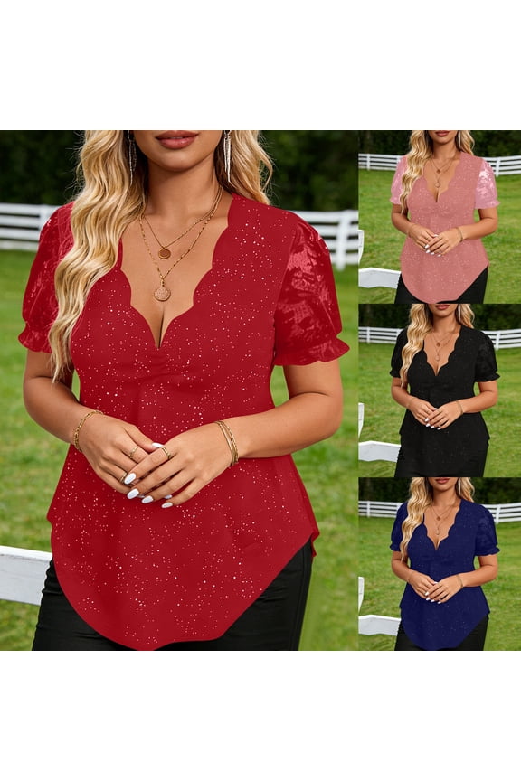 Short Sleeve Shirts for Women, Womens Casual Blouses, Women's V Neck Short Sleeve T Shirt Solid Color Glitter Lace Wave Detail Casual Daily Basic Blouse Top