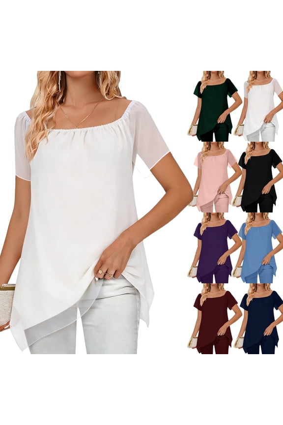 Short Sleeve Shirts for Women, Womens Casual Tops, Women's Solid Color One Shoulder Short Sleeve Top Asymmetrical Hem Elegant Casual Daily Blouse
