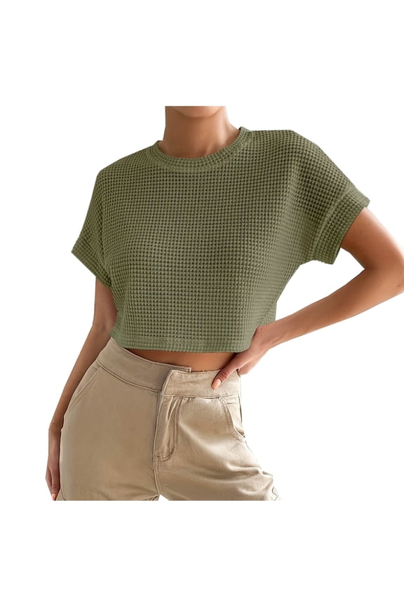 Short Sleeve Shirts for Women, Womens Casual Tops, Women's Summer Crew Neck Short Sleeve T Shirt Solid Color Pineapple Print Casual Daily Basic Top