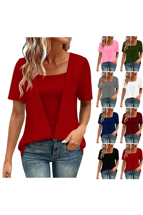 Short Sleeve Shirts for Women, Womens Casual Tops, Women's Summer Solid Color Crew Neck Casual Short Sleeve Top Two Layer Detail Daily Basic Blouse