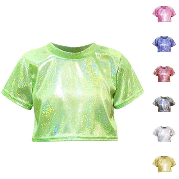 QNANSPI Short Sleeve Tops for Boys and Girls,Children's Performance Sequin Short Sleeved T-shirt,Children's Outfit Sequined Short Sleeved T-shirt with Exposed Waist and Navel Round Neck Elastic