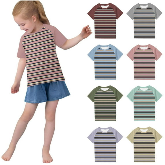 QNANSPI Short Sleeve Tops for Boys and Girls,Kids Casual Short Sleeve T-shirt,Toddler Kids Boys Fashion Cute Round Neck Stripe Print Short Sleeve