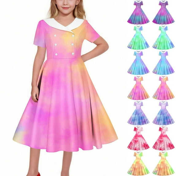 QNANSPI Summer Dress for Girls,Girls Short Sleeve Dress,Girls Short Sleeve Stretchy Dress A Line Twirly Skater School Recital Dress Short Sleeve Turndown Neck Dress