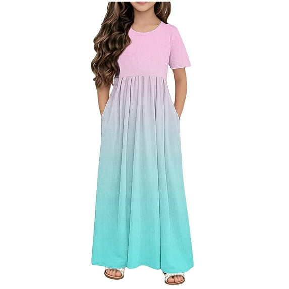 QNANSPI Summer Dress for Girls,Young Girls Maxi Dress,Fashionable Girls' Gradient Short Sleeved Round Neck Dress with Pockets Casual Long Skirt for Adults