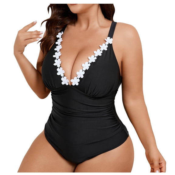 QNANSPI Swimsuit One Piece for Women, One Piece Swimwear for Ladies, Womens Plus Size Flounce Detail Fitted Backless Solid Color 1 Piece Swimsuit with Soft Cups