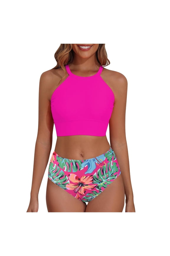 Swimsuit Sets for Women, Womens Swimsuits 2 piece, Womens Active Swim High Waist Smoothing 2 Piece Sport Swimsuit Set with Soft Cups