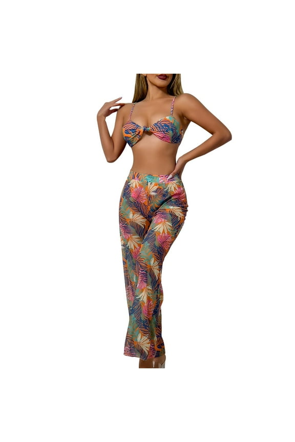 Swimsuit Sets for Women, Womens Swimsuits 2 piece, Womens Bikini 3 Piece Set with Sheer Long Pants and Allover Print
