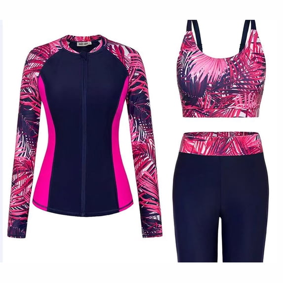 QNANSPI Swimsuit Sets for Women, Womens Swimsuits 2 piece, Womens Print 2 Tone Long Sleeve Zipper Mid Thigh Surfing 2 Piece Swimsuit Set