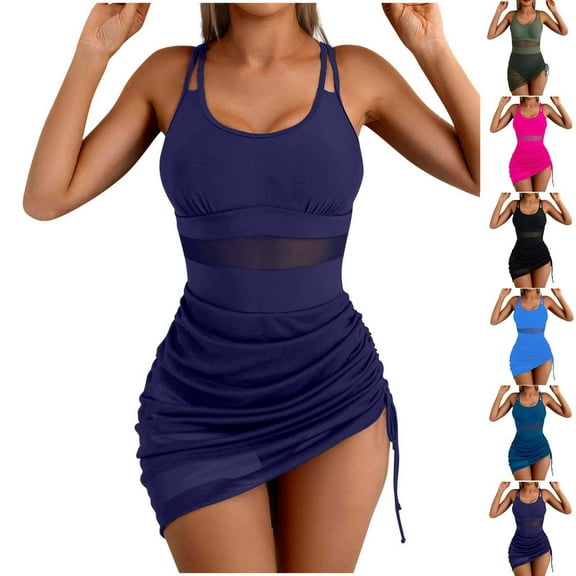 QNANSPI Swimsuit Sets for Women, Womens Swimsuits 2 piece, Womens Stylish Solid Color Crew Neck Tank Skirted Swimsuit with Soft Cups