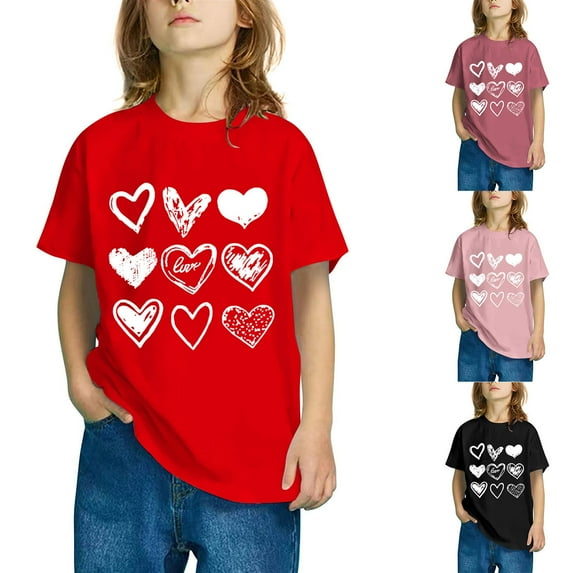 QNANSPI T-Shirts for Girls, Girls Short Sleeve Tops, QNANSPI Boys And Girls 3-14 Years Heart Affection Print Casual Short Sleeve Round Neck Top