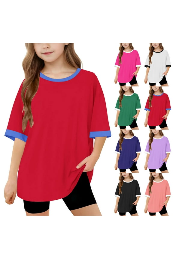 T-Shirts for Girls, Girls Short Sleeve Tops, QNANSPI Boys And Girls 5-15 Years Fashion Solid Color Panel Casual Loose Short Sleeve Top