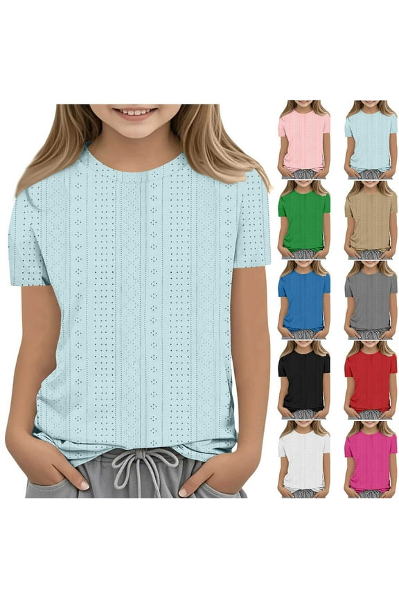 T-Shirts for Girls, Girls Short Sleeve Tops, QNANSPI Girls 3-12 Years Solid Color Ornamental Round Neck Short Sleeve Casual Everyday Top