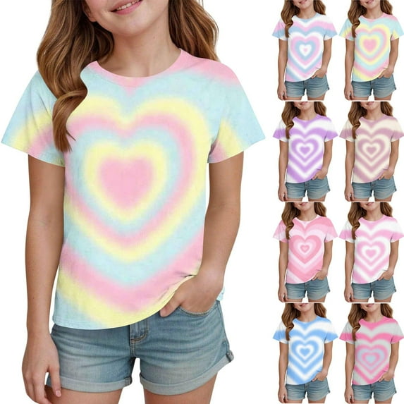 QNANSPI T-Shirts for Girls, Girls Short Sleeve Tops, QNANSPI Kids Heart Affection Print Round Neck Short Sleeve Pullover Top For Children 3-14 Years