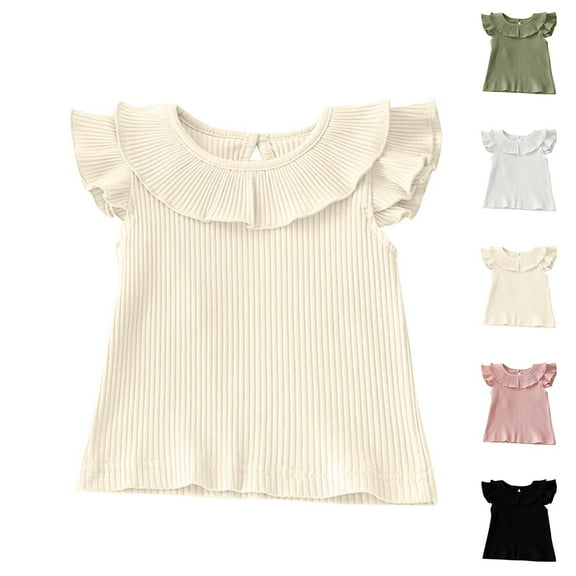 QNANSPI Tank Top for Boys and Girls,Knitted Tank Top Kids,Summer Baby Girl Flying Sleeve with Leaf Collar Doll Shirt Versatile Solid Color Strip Thin T-shirt