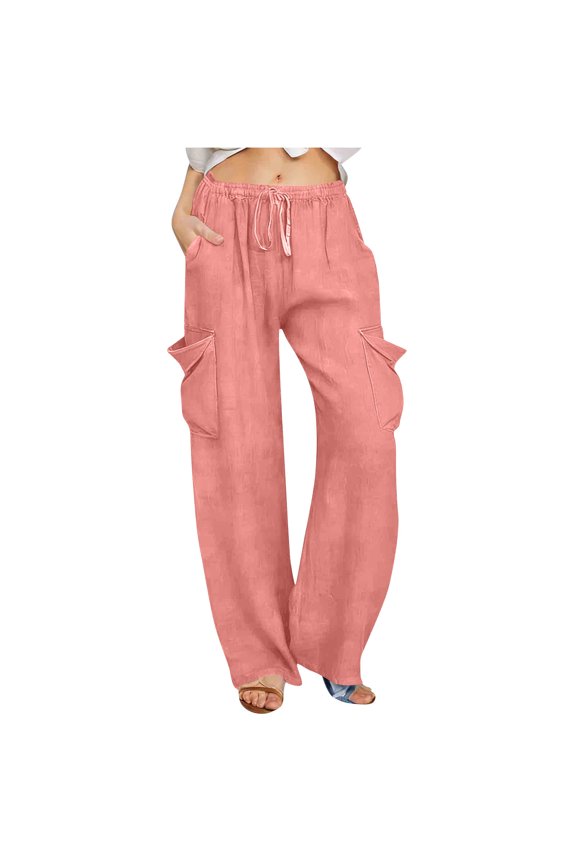 Wide Leg Pants for Women, Casual Pants for Women, Women's Solid Stretchy Drawstring Waist Wide Leg Straight Pants with Large Pockets Full Length
