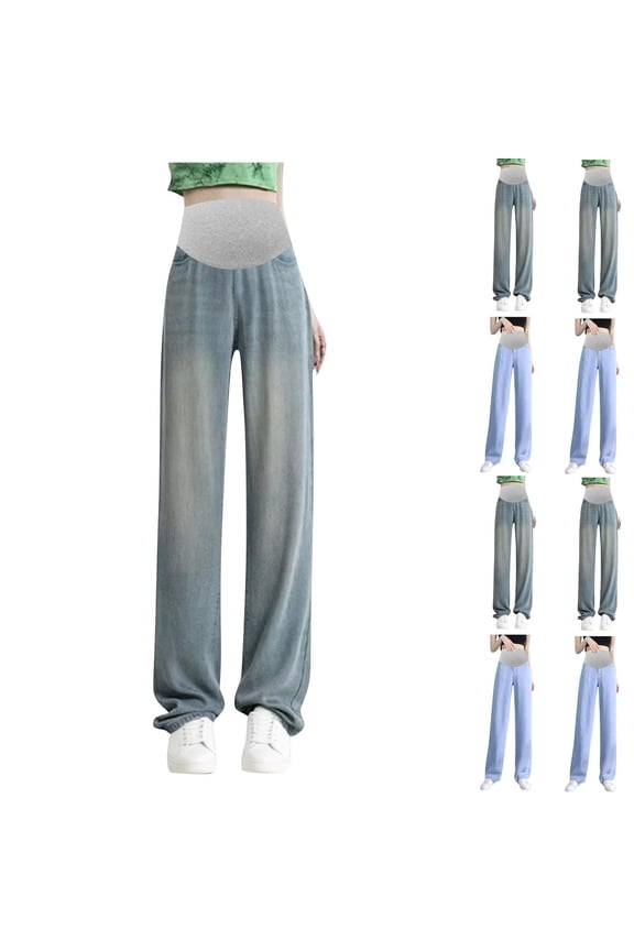 Women Maternity Jeans,Wide Leg Maternity Pants,Casual Denim Wide Leg Jeans for Women High Waist Over The Belly Support Relaxed Trousers