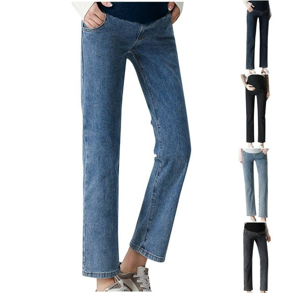 QNANSPI Women Maternity Jeans,Wide Leg Maternity Pants,Denim Straight Leg Jeans for Women High Waist Over The Belly Support Roomy Stretch Pants
