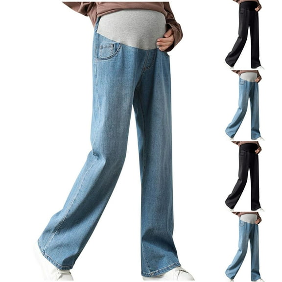 QNANSPI Women Maternity Jeans,Wide Leg Maternity Pants,Maternity Denim Pants Women High Waist Over The Belly Support Straight Leg Jeans