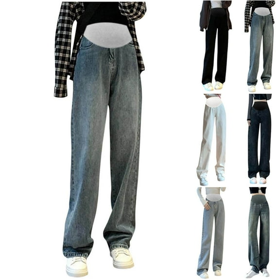 QNANSPI Women Maternity Jeans,Wide Leg Maternity Pants,Pregnant Wide Leg Jeans Women High Waist Over The Belly Support Dropped Hem Denim Trousers