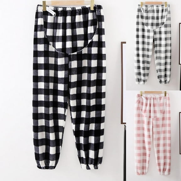 QNANSPI Women Maternity Pants,Winter Fuzzy Maternity Pants,Plaid Thermal Maternity Pants Women Fleece Lined Winter Warm Plus Size Cuff Ankle Pants with Adjustable Waistband