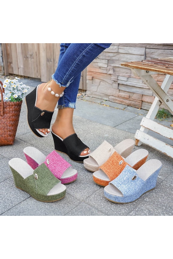 Women's Beach Sandals, Casual Footwear for Women, Womens Fashion Versatile Wide Size Thick Sole Beach Peep Toe Wedge Warm Season Recent Trend Slides