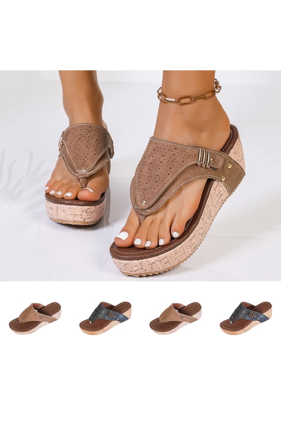 Women's Beach Sandals, Summer Breathable Footwear for Women, Womens Fashion Casual Warm Season Solid Color Thick Sole Wedge Slides Outdoor Round Toe Toe Post Slides