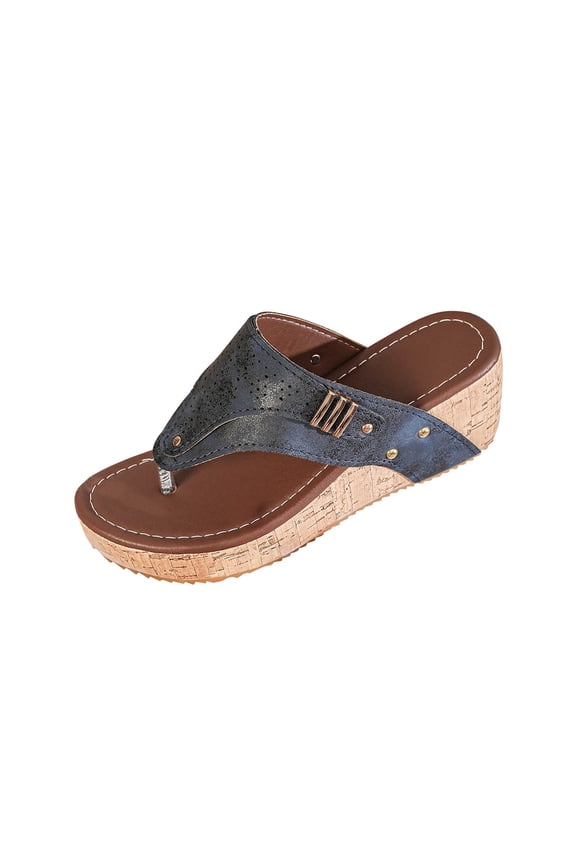 Women's Beach Sandals, Summer Breathable Footwear for Women, Womens Fashion Casual Warm Season Solid Color Thick Sole Wedge Slides Outdoor Round Toe Toe Post Slides