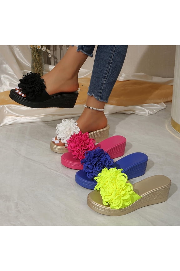 Women's Beach Sandals, Summer Breathable Footwear for Women, Womens Fashion Casual Warm Weather Recent Solid Color Floral Thick Sole Peep Toe Outdoor Wedge Slide Footwear