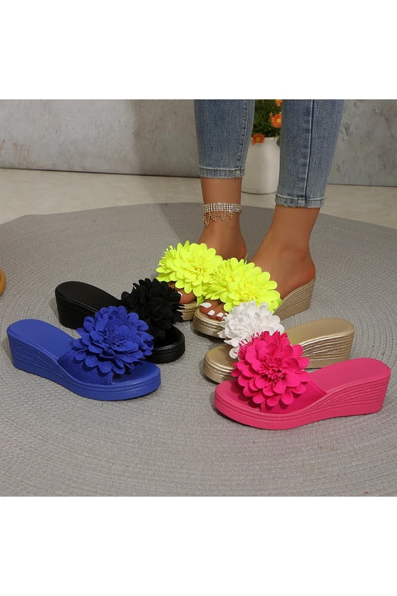 Women's Beach Sandals, Summer Breathable Footwear for Women, Womens Fashion Casual Warm Weather Recent Solid Color Floral Thick Sole Peep Toe Outdoor Wedge Slide Footwear