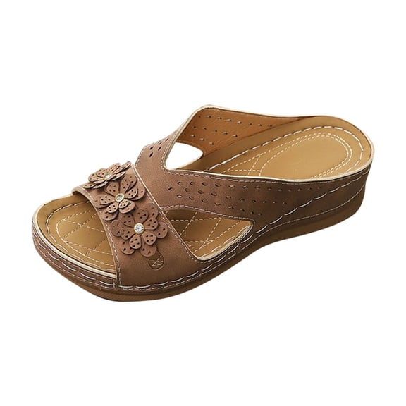 QNANSPI Women's Beach Slides, Casual Footwear for Women, Womens Fashion Casual Warm Season Recent Solid Color Floral Round Toe Open Toe Step In Thick Wedge Slides