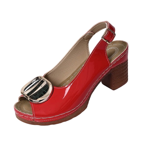 QNANSPI Women's Beach Slides, Casual Footwear for Women, Womens Fashion Casual Warm Weather Recent Thick Sole Wide Size Shiny Leather Metal Buckle Peep Toe Beach Thick Heel Slides