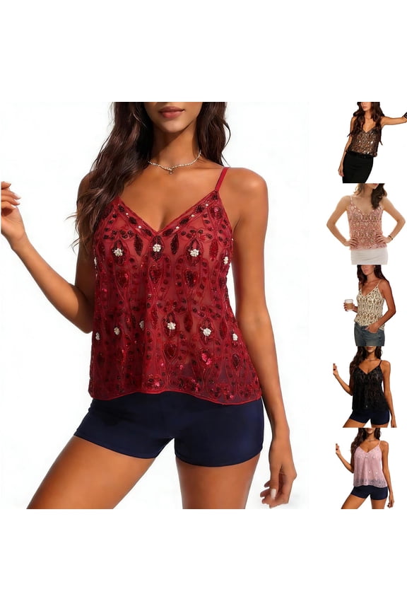 Women's Casual Sleeveless Tops, Fashion Solid Color Tank Tops, Women's Solid Color V Neck Sleeveless Sequin Beaded Casual Layering Summer Daily Tank Tops