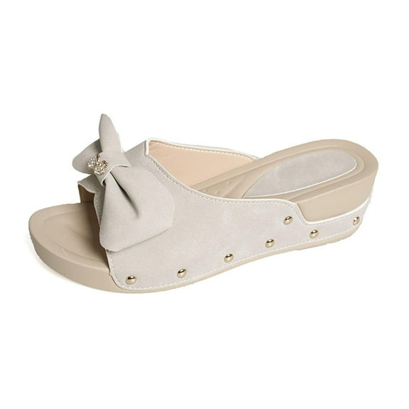 QNANSPI Women's Flat Sandals, Slide Flip Flops for Women, Women's Solid Color Bow Detail Open Toe Wedge Heel Shoes for Warm Season Casual Outdoor Wear Slippers