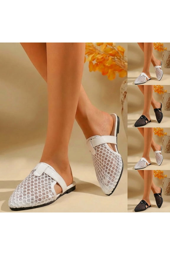 Women's Flat Sandals​, Summer Breathable Footwear for Women, Womens Fashion Casual Warm Season Solid Color Pointed Toe Closed Toe Flat Slides Outdoor Light Beach Mesh Slides