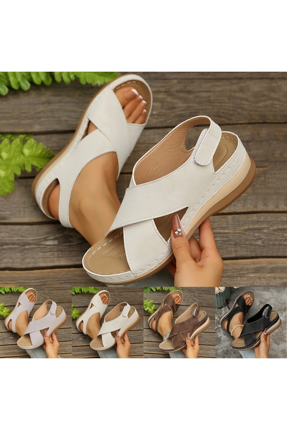 Women's Flat Sandals, Summer Breathable Footwear for Women, Womens Fashion Casual Warm Season Versatile Wide Size Beach Wedge Shoes Solid Color Peep Toe Thick Sole Shoes