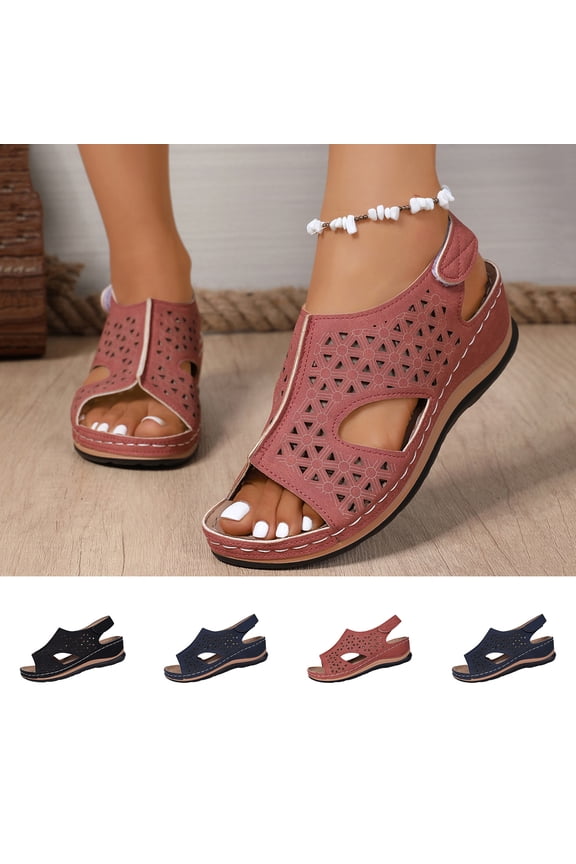 Women's Flat Sandals, Summer Breathable Footwear for Women, Womens Fashion Casual Warm Season Versatile Wide Size Beach Wedge Shoes Solid Color Round Toe Soft Bottom Thick Sole Shoes