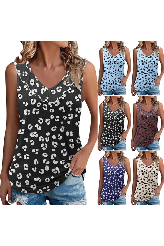 Women's Layering Camisole Tops, Breathable Built in Bra Tank Tops, Ladies' Leopard Print Ruffled Neck Crew Neck Casual Summer Daily Wear Tank Tops
