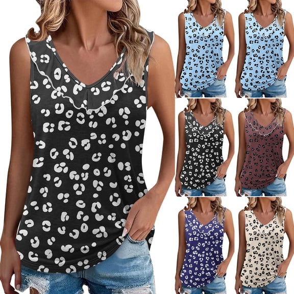 QNANSPI Women's Layering Camisole Tops, Breathable Built in Bra Tank Tops, Ladies' Leopard Print Ruffled Neck Crew Neck Casual Summer Daily Wear Tank Tops
