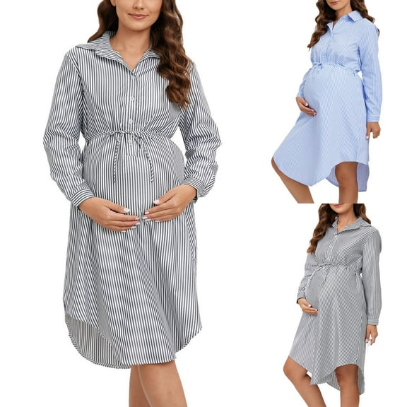 QNANSPI Women's Long Sleeve Maternity Dress,Casual Maternity Dress,Striped Print Maternity Shirt Dress Long Sleeve Collared Button Down Pregnancy Gown