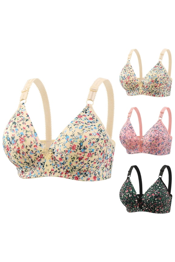 Women's Plus Size Bras,Wireless Bras for Women,Print Plus Size Wireless Bra with 3Back Closure Comfortable Push Up Support Full Figure Bra