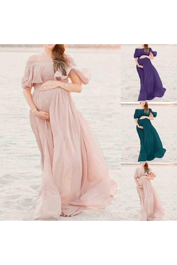 Women's Short Sleeve Maternity Dress,Maternity Dress for Photoshoot,One Shoulder Maternity Dress Short Sleeve Chiffon Material Flowy Maxi Pregnancy Gown